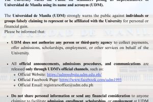 The university warns the public for scammers posing as Representatives of Universidad de Manila using its name and acronym (UDM) The university warns the public for scammers posing as Representatives of Universidad de Manila using its name and acronym (UDM)