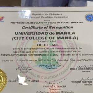 Universidad de Manila BS Social Work program recognized for its 97.26% passing rate in the September 2025 Social Workers Licensure Exam.